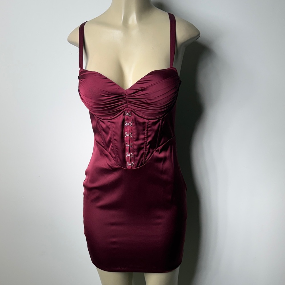 Oh Polly Wine Satin Corset Mini Slip Dress